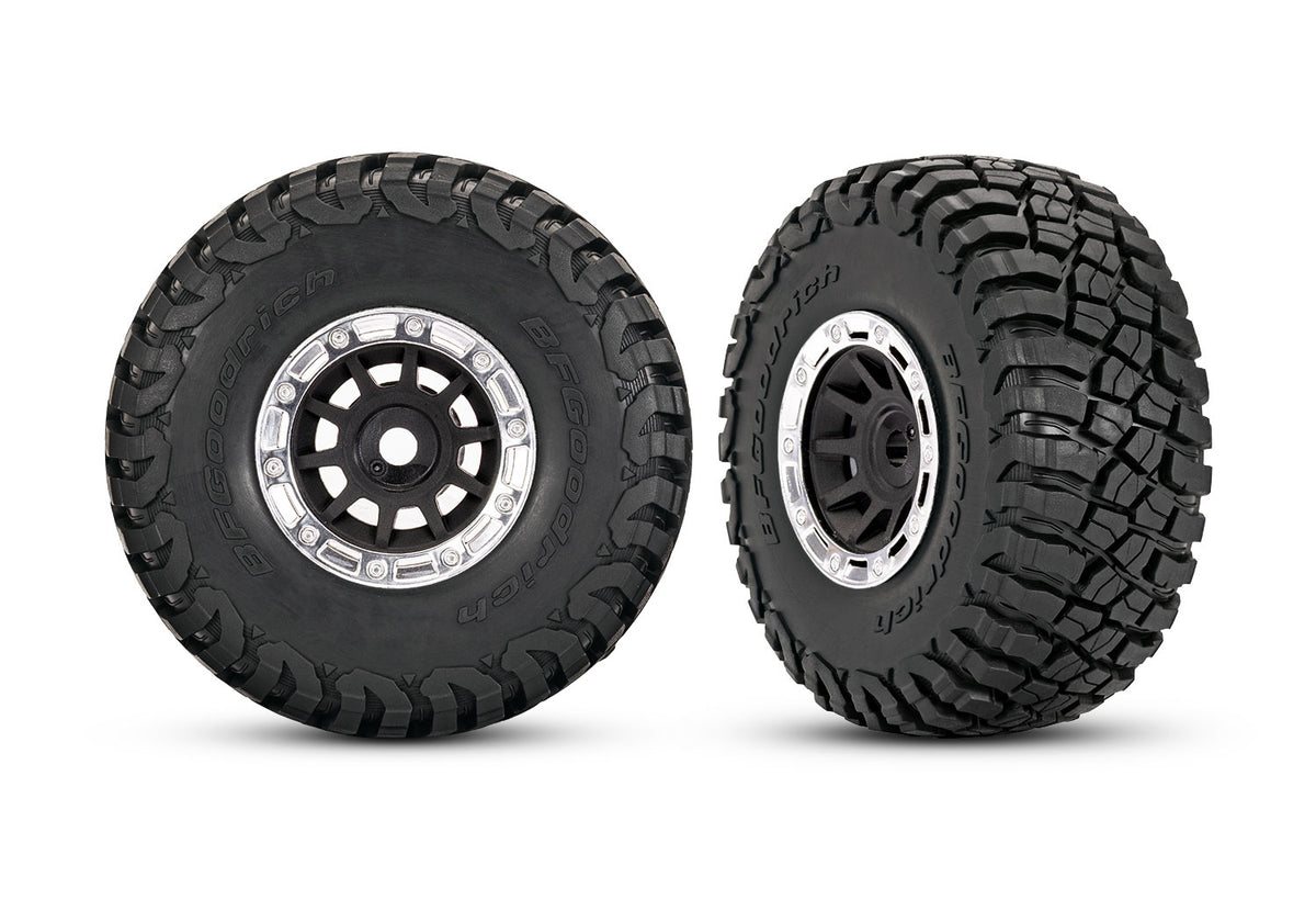 Traxxas Tires, 1.4" OD 2.6" ID, BFGoodrich Mud-Terrain T/A, Pre-mounted on black/chrome wheels (2), Mini Slash