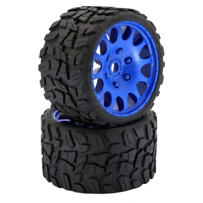 Powerhobby Raptor BELTED Monster Truck Tires Pre-mounted on 3.8" Wheels - Blue (2)