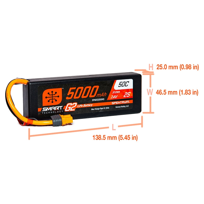 Spektrum 2S 7.4V 5000mAh 50C Smart G2 Hardcase LiPo Battery - IC3