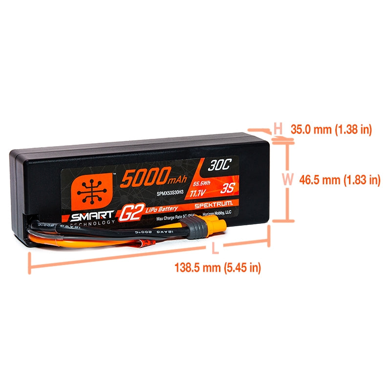 Spektrum 3S 11.1V 5000mAh 30C Smart G2 Hardcase LiPo Battery - IC3