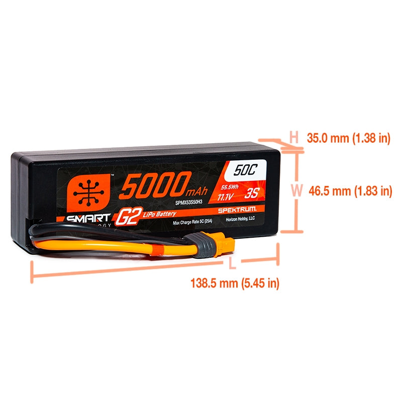 Spektrum 3S 11.1V 5000mAh 50C Smart G2 Hardcase LiPo Battery - IC3